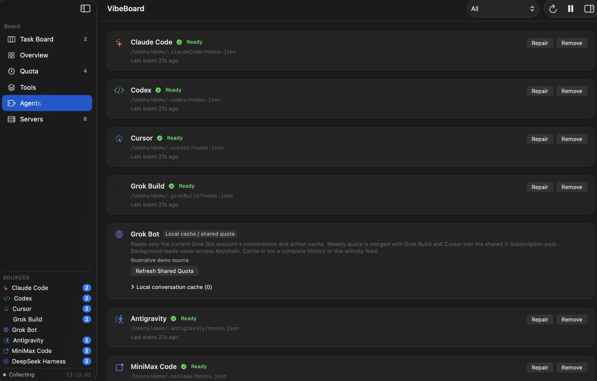 VibeBoard agents page with source integrations, hook installation controls, and quota-only Grok Bot status