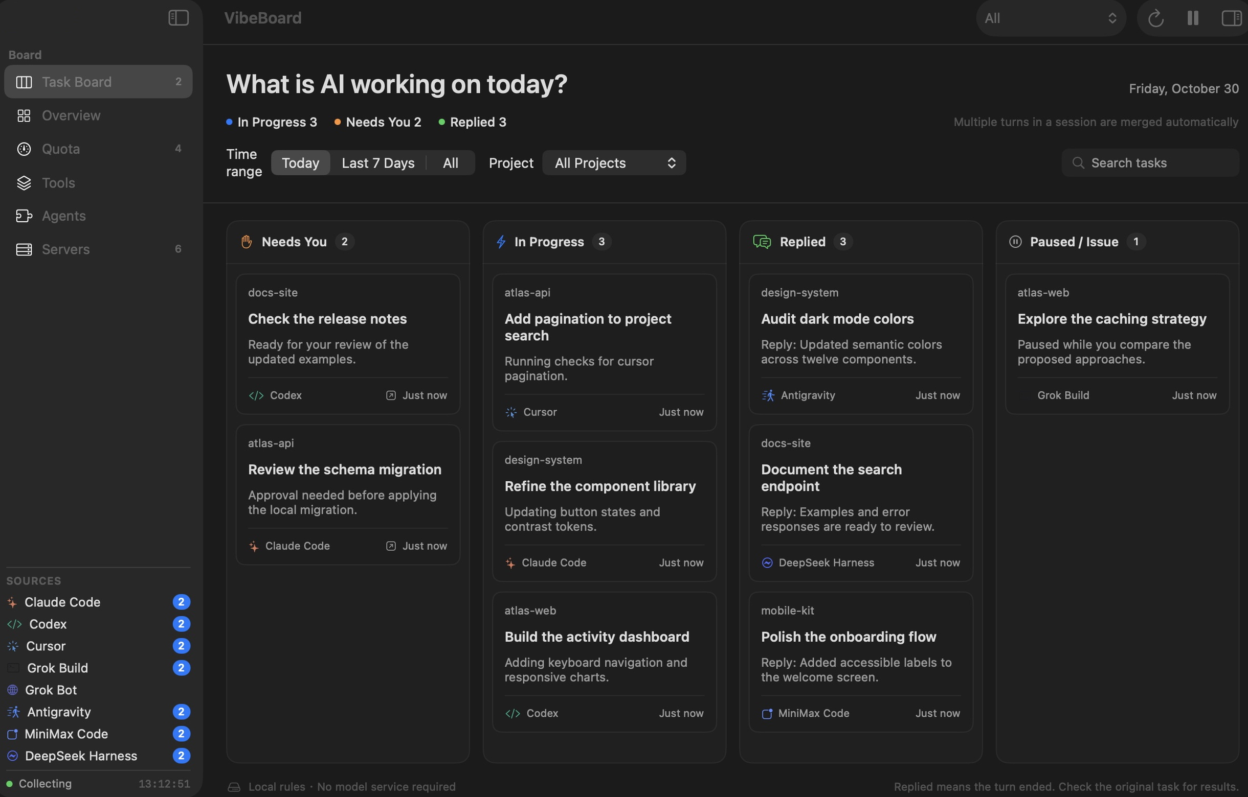 VibeBoard native Mac task board with session cards grouped by status