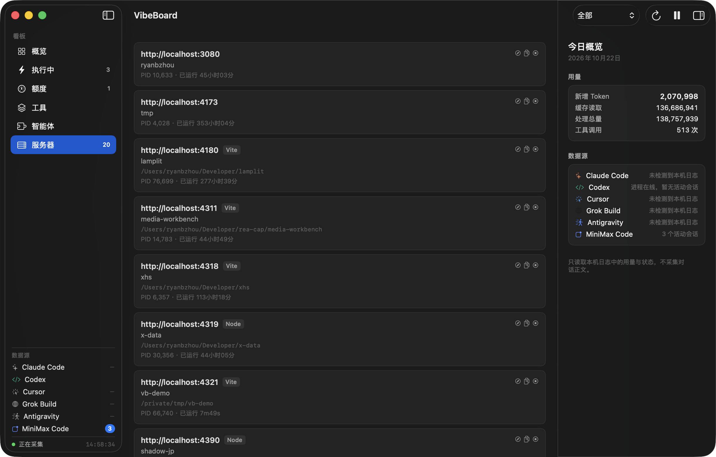 VibeBoard local servers grouped by project with addresses, ports, and process details